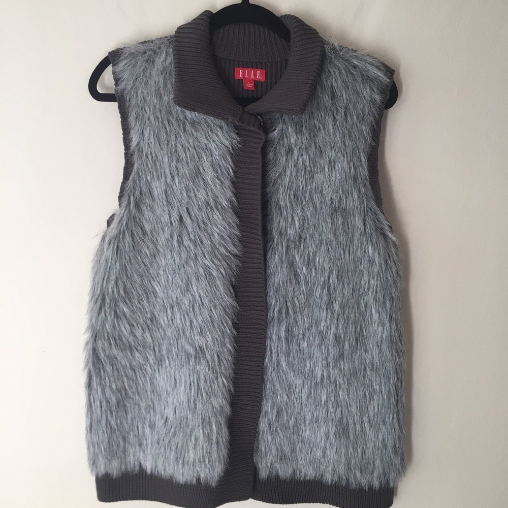 ELLE Knit Sweater Vest Large Gray Faux Fur Stretch Cozy Fall Winter NWOT - Picture 2 of 6